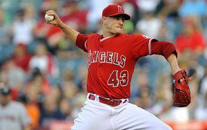 August 9, 2014; Anaheim, CA, USA; Los Angeles Angels starting pitcher Garrett Richards (43) pitches the first inning against the Boston Red Sox at Angel Stadium of Anaheim. Mandatory Credit: Gary A. Vasquez-USA TODAY Sports